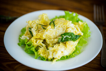 Fototapeta na wymiar fried omelet with thin vermicelli with salad leaves in a plate