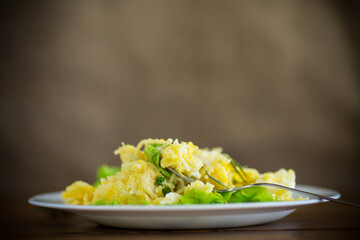fried omelet with thin vermicelli with salad leaves in a plate