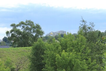 View of the domes of an Orthodox church in a small town. Russia.