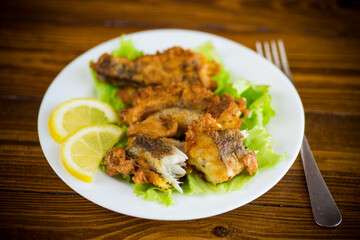 fried hake fish in batter with lettuce and lemon in a plate