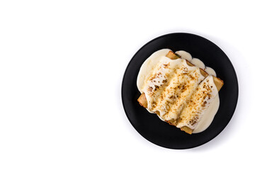 Delicious meat cannelloni pasta isolated on white background. Top view. Copy space	