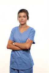 Young Woman Wearing Blue Medical Scrubs