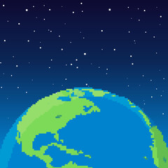Fototapeta na wymiar Pixel Earth. Vector planet Earth icon. Pixel art 8 bit. Flat planet Earth icon in space. 
