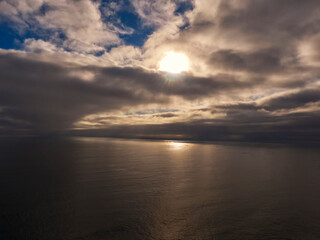 Aerial photo from flying drone of a fascinating nature landscape with dramatic evening sunset sky