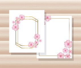 geometric golden lines frames, cards with leaves