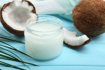 coconut oil and coconuts on the table
