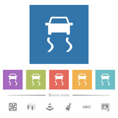 Slippery road dashboard indicator flat white icons in square backgrounds