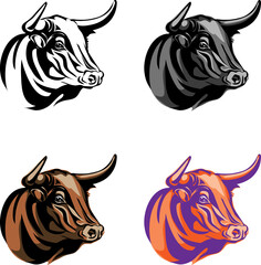 Bull, various images of the bull's head, various graphics and color images, portrait