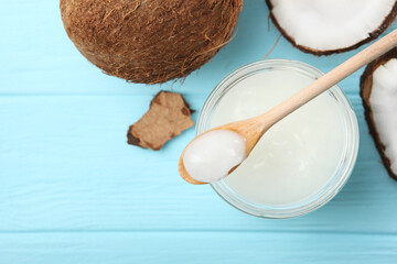 coconut oil and coconuts on the table
