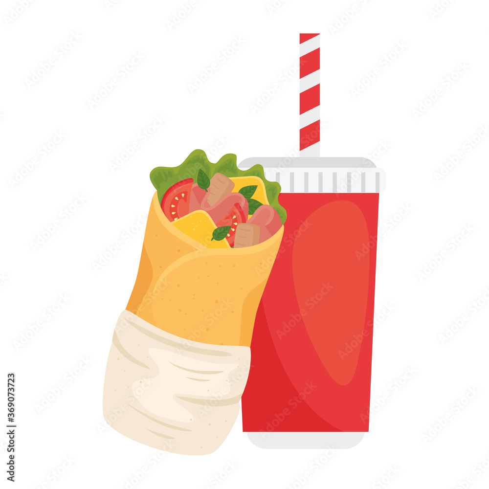 Sticker burrito mexican food with drink on white background