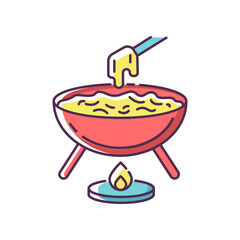 Cheese fondue RGB color icon. French fast food. Traditional european meal. Dunk piece in pot. National swiss liquid dish. Luxury restaurant food. Melted flowing cheese. Isolated vector illustration