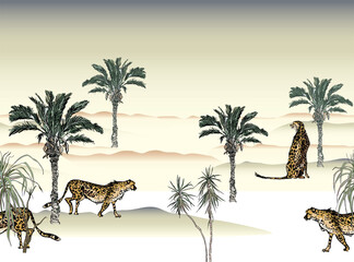 Cheetah Walking in Safari, Palms in Desert Hand Drawn Illustration, Boho Jungle Seamless Border