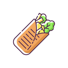 Shawarma RGB color icon. Arabian fast food. Meat wrapped with lettuce. Mexican taco. Traditional cuisine. National dish. Meal for lunch. Roll with food ingredients. Isolated vector illustration