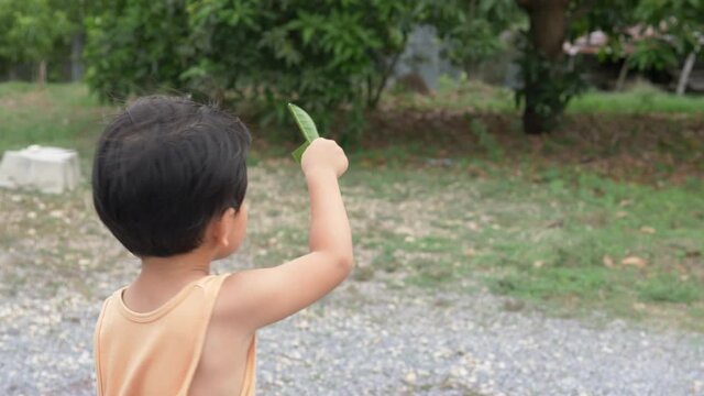 4K Asian child boy playing leaf to wind with dad in happy moment shot outdoor. Father's day and son, family activity, wind energy concept.