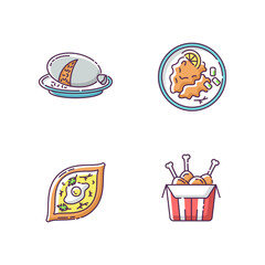 Fast food RGB color icons set. Scottish haggis. Wiener schnitzel. Georgian khachapuri. Tandoori chicken. Fried junk food. Traditional meal for tourist. Isolated vector illustrations