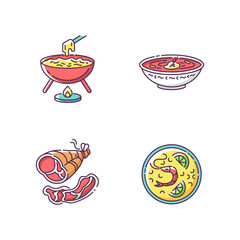 Traditional food RGB color icons set. Cheese fondu. Ukrainian borscht. Parma ham. Roasted meat. East cuisine. French restaurant. Spanish rice. Paella in crockery. Isolated vector illustrations