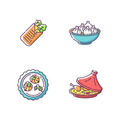Traditional dish RGB color icons set. Shawarma from eastern cuisine. Oriental khinkali. Asian dish. Chinese dumpling. Escargot de bourgogne. Tagine in crockery. Isolated vector illustrations