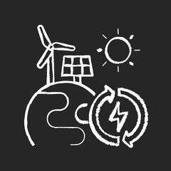 Renewable energy chalk white icon on black background. Alternative power generation sources. Environment protection. Planet with solar panel and wind turbine isolated vector chalkboard illustration
