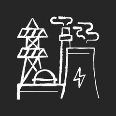 Energy industry chalk white icon on black background. Electricity manufacturing, environment pollution technology. Modern power plant, electric station isolated vector chalkboard illustration