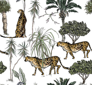 Isolated Animals Wildlife And Exotic Plants Seamless Pattern, African Tropical Floral Botanical Print, Cheetah In Palms Children Wallpaper Print