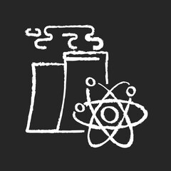 Nuclear industry chalk white icon on black background. Atomic energy manufacturing technology. Modern power plant with nuclear reactor cooling chimney isolated vector chalkboard illustration