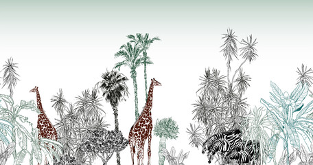 Seamless Border Safari Landscape Panoramic View with Giraffe and Zebras, Toile Lithograph Nursery Children Wallpaper Design