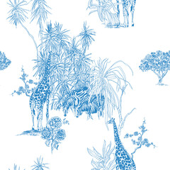 Giraffe and Zebras in Dragon Tree Bushes, African Safari Lithography Blue on White Background Seamless Pattern, Children Nursery Wallpaper Toile