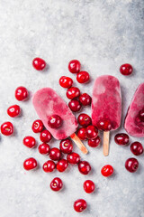 Homemade Vegan Cherry Popsicles with Coconut Milk. Summer food concept top view