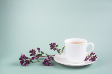 a white Cup of tea with a sprig of oregano stands on the table on a gray-green background, morning tea