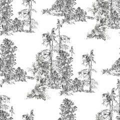 Seamless Pattern Groups with Pine Trees in Forest Pastoral, French Toile Black and White Landscape Hand drawn Engraving Print Monochrome, Vintage Nature Illustration - 369075521