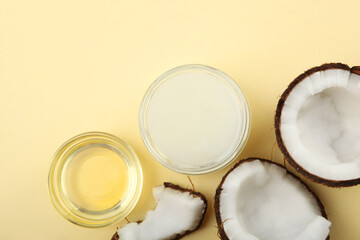 coconut oil and coconuts on the table
