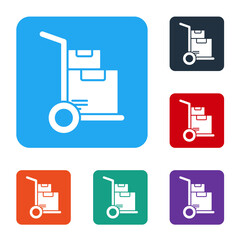 White Hand truck and boxes icon isolated on white background. Dolly symbol. Set icons in color square buttons. Vector Illustration. © Vadim