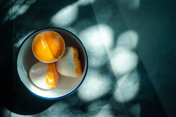 Preserved double eggs yolk in egg shell Thai called Kai Krob.