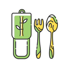 Bamboo cutlery RGB color icon. Eco friendly lifestyle, zero waste policy. Handmade wooden tableware, biodegradable fork and spoon isolated vector illustration