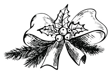 Christmas decoration bow with fir branches and mistletoe. The hand is drawn in pen and ink, shaded in black and white . Isolated on a white background. Unit element