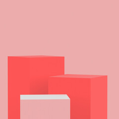 3d pink orange cubes square podium minimal studio background. Abstract 3d geometric shape object illustration render. Display for cosmetic perfume fashion and summer holiday product.