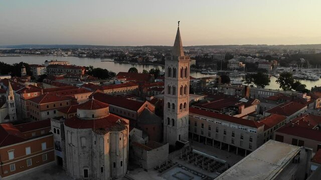 Zadar, Croatia, Europe: Drone footage of Church of Saint Donat and Cathedral in old town. Forum Central Square / June 30th 2020