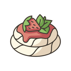Pavlova RGB color icon. Meringue based dessert with strawberries and whipped cream. Traditional sweets. National Australian cuisine. New Zealand cuisine. Isolated vector illustration