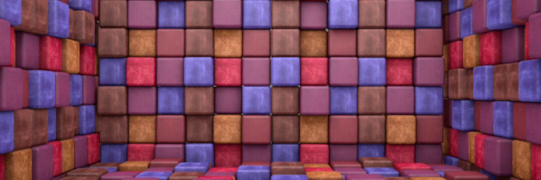 3d rendering of square boxes with realistic fabric texture on white background. Set of colorful brown, blue and red boxes like a pattern.  