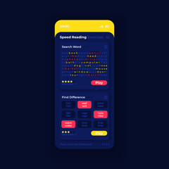 Speed reading app smartphone interface vector template. Mobile app page night mode design layout. Find differences function on screen. Flat UI for application. Comprehension exercises phone display