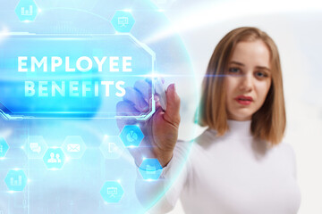 Business, Technology, Internet and network concept. Young businessman working on a virtual screen of the future and sees the inscription: Employee benefits