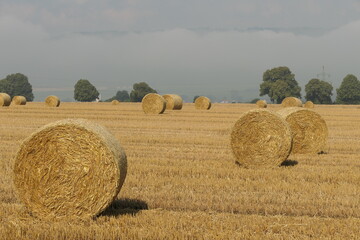 Landschaft mit Strohballen nach einer Heuernte im Sommer auf einem Feld