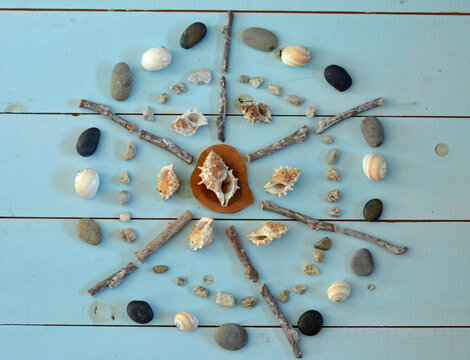 Mandala art of nature  twigs and stones and shells