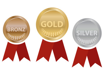 Sports medals with ribbons, gold, silver and bronze sports medal. Vector illustration.