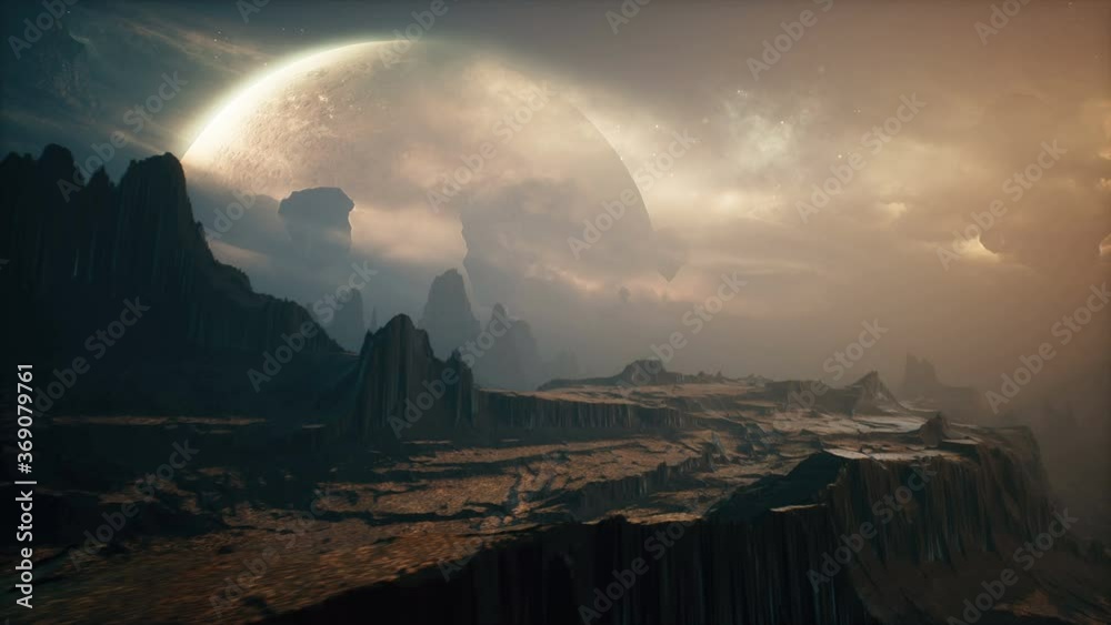 Wall mural landscape of an amazing alien planet in the lost space. realistic cinematic animation.