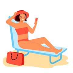 Young woman sunbathes in swimsuit on sun lounger and holds smartphone. Girl takes sun baths. Summer tan. Vector illustration
