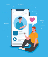 social media concept, young couple chatting for smartphone