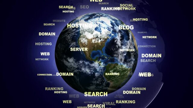 Earth and Internet Keywords Animation, Rendering, Background, Loop, 4k
