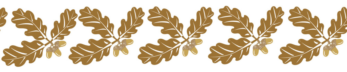 Fototapeta premium Seamless horizontal pattern from an oak tree branch and acorns. Natural theme in autumn.