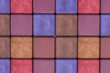 Fototapeta premium 3d rendering of square boxes with realistic fabric texture on white background. Set of colorful brown, blue and red boxes like a pattern. 